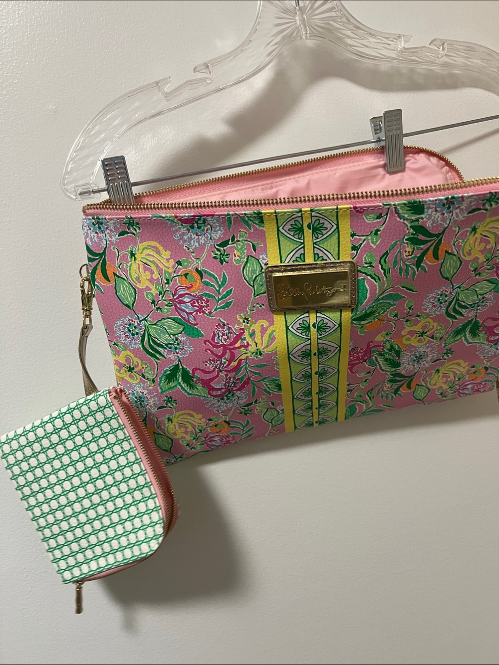 Lilly Pulitzer Pink Floral Laptop Case and accessory bag with Green & Yellow